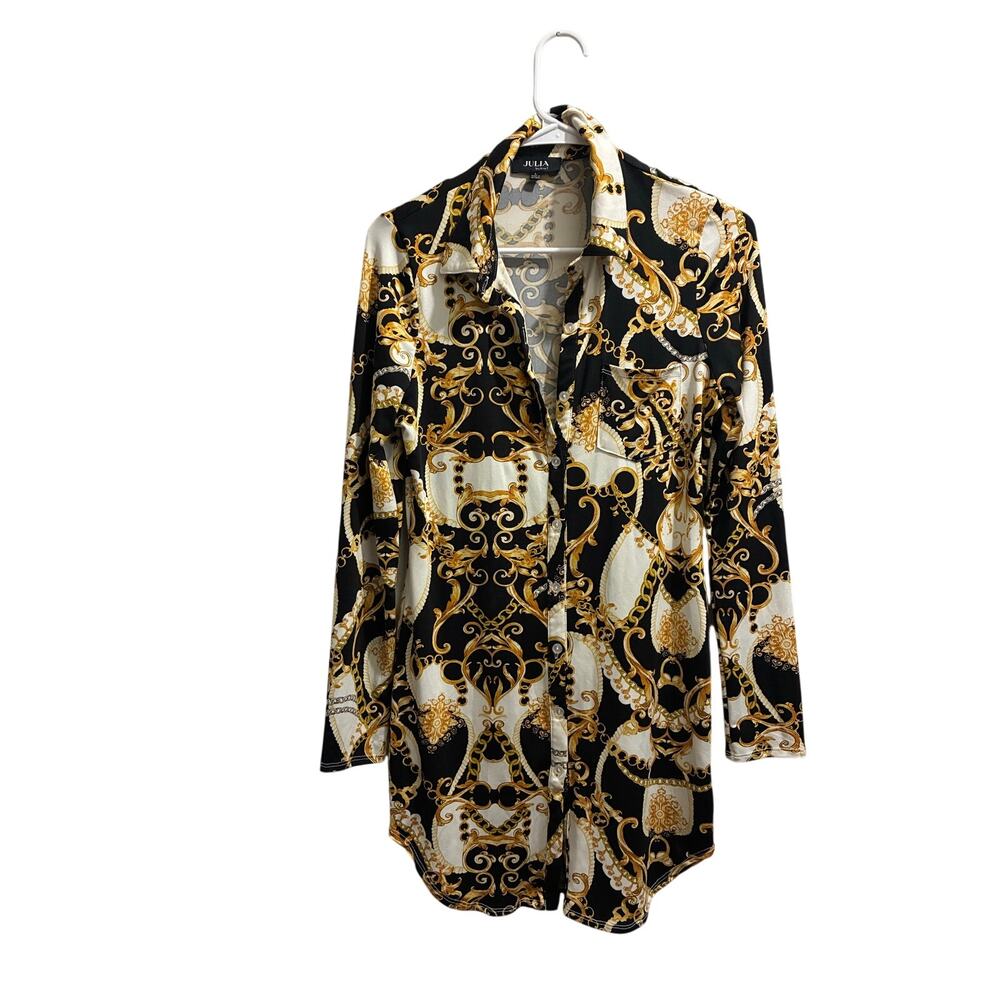 Julia Baroque Print Button Down Shirt Dress Long Sleeve Gold Black White Large